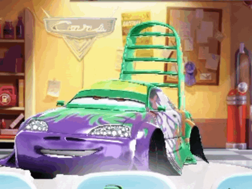 A Purple And Green Car In A Garage With A Cars Sign Above It GIF