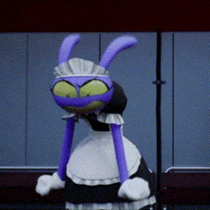 a purple and green cartoon character wearing a maid costume