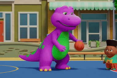 A Purple And Green Dinosaur Holding A Basketball On A Court GIF