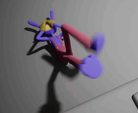 a purple and pink cartoon character is falling down a wall .