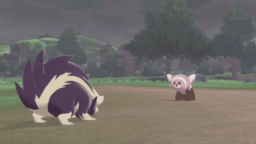 A Purple And White Animal Is Standing Next To A Smaller Animal In A Field GIF
