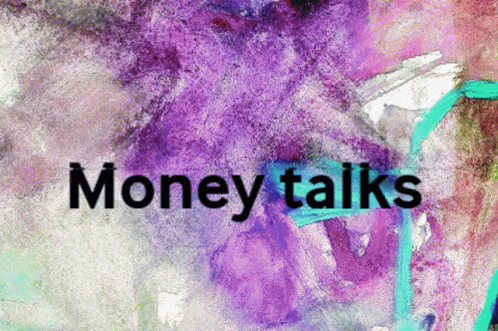 A Purple And White Background With The Words Money Talks GIF