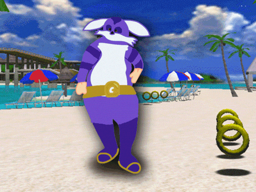 A Purple And White Cartoon Character Is Standing On A Sandy Beach GIF