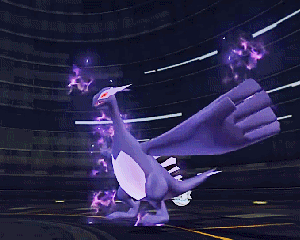 A Purple And White Dragon Is Flying Through A Dark Room GIF
