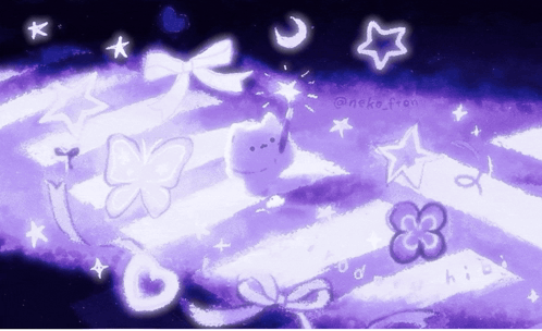 A Purple And White Striped Background With A Cat Butterfly And Star GIF