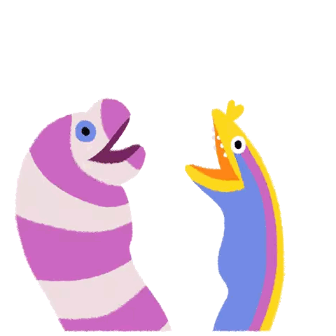 a purple and white striped worm is standing next to another worm