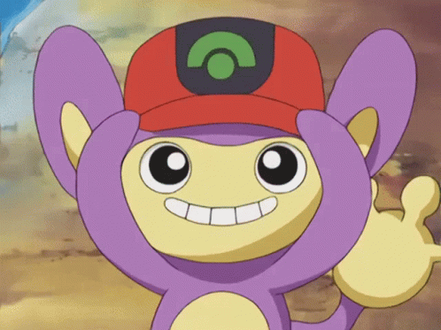 A Purple And Yellow Cartoon Character Wearing A Red Hat With A Green C On It GIF
