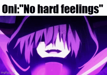 A Purple Anime Character With The Words " Oni : No Hard Feelings " On The Bottom GIF