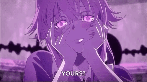 A Purple Anime Girl Is Making A Funny Face And Asking , `` Yours ? '' GIF