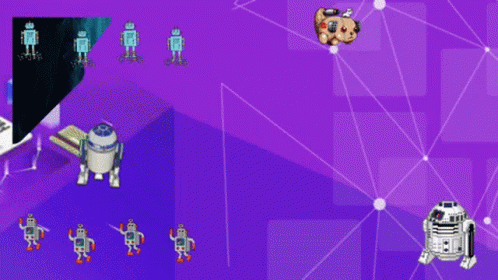 A Purple Background With A Bunch Of Robots Dancing GIF