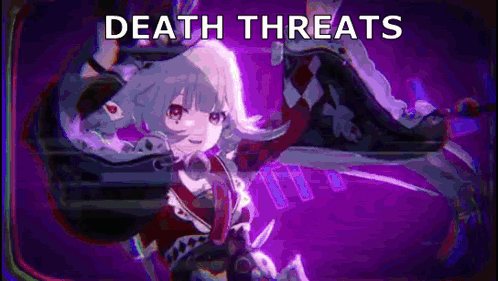 A Purple Background With A Cartoon Character And The Words `` Death Threats '' Written On It . GIF