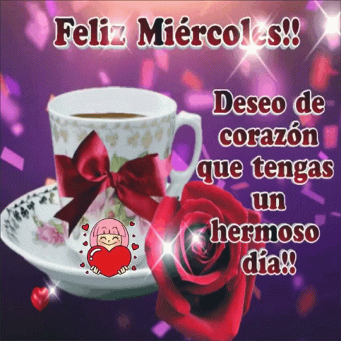 A Purple Background With A Cup Of Coffee And A Red Rose With The Words Feliz Miercoles GIF