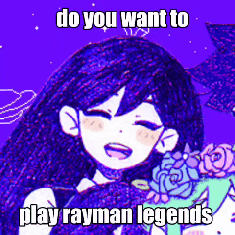 A Purple Background With A Girl And The Words Do You Want To Play Rayman Legends On It GIF