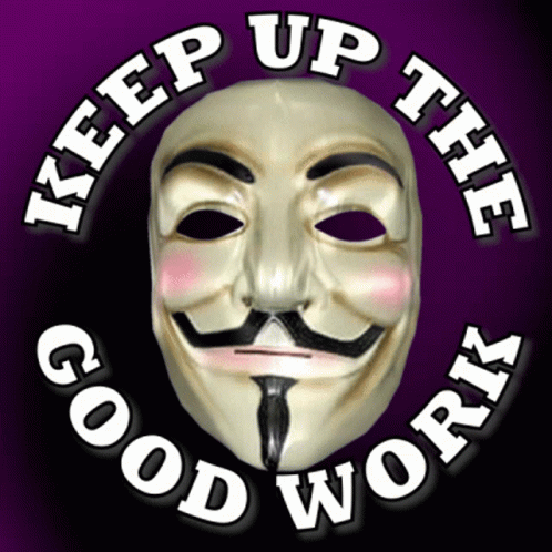A Purple Background With A Mask And The Words " Keep Up The Good Work " GIF
