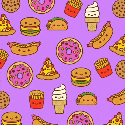 A Purple Background With A Pattern Of Fast Food Including A Donut A Hamburger A Hot Dog And A Cookie GIF
