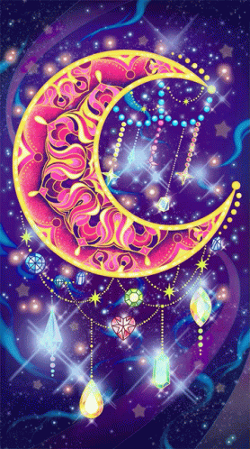 A Purple Background With A Pink Crescent Moon Surrounded By Crystals And Stars GIF