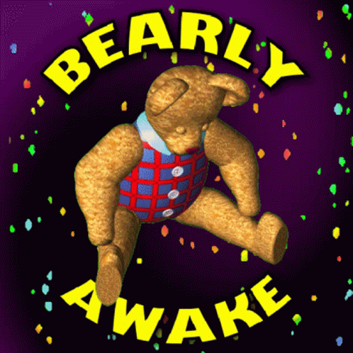 A Purple Background With A Teddy Bear And The Words " Beary Awake " GIF