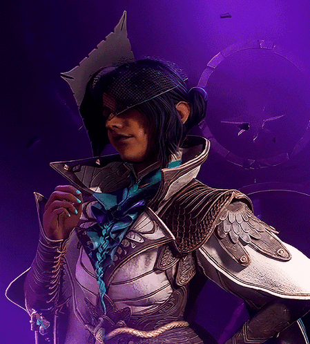 A Purple Background With A Woman In A Costume GIF