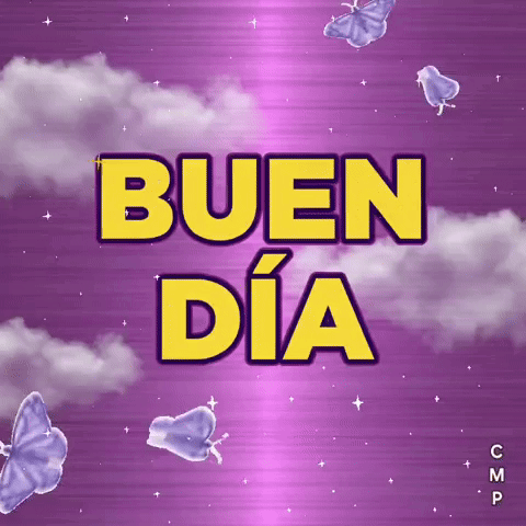 A Purple Background With Butterflies And The Words Buen Dia In Yellow Letters GIF