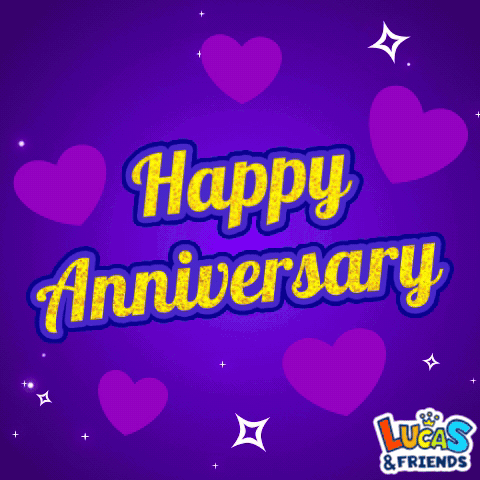 A Purple Background With Hearts And The Words Happy Anniversary Lucas & Friends GIF