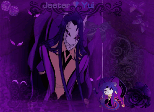 A Purple Background With The Name Jester Yui GIF