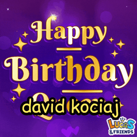 A Purple Background With The Words Happy Birthday David Kociaj In Gold Letters GIF
