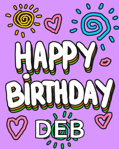 A Purple Background With The Words Happy Birthday Deb Written In White GIF