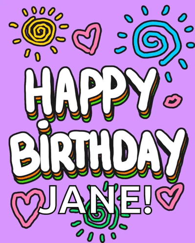 A Purple Background With The Words Happy Birthday Jane Written In White GIF