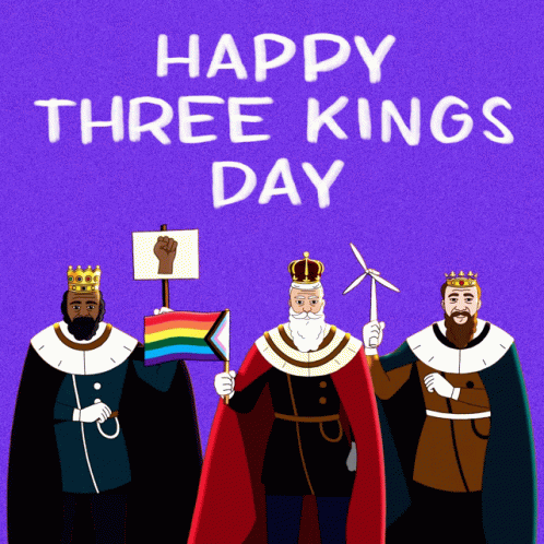A Purple Background With The Words Happy Three Kings Day Written On It GIF