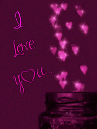 A Purple Background With The Words " I Love You " And Pink Hearts GIF