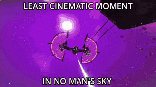 A Purple Background With The Words " Least Cinematic Moment In No Man 'S Sky " At The Bottom GIF