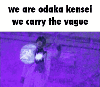 a purple background with the words `` we are odaka kensei we carry the vague '' written on it .