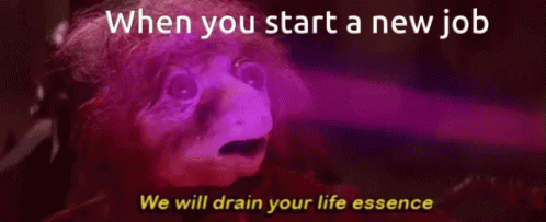 A Purple Background With The Words When You Start A New Job GIF
