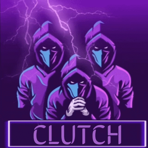 A Purple Background With Three Hooded Figures And The Word Clutch At The Bottom GIF