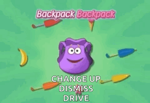 A Purple Backpack Is Surrounded By Bananas , Ice Cream Cones And Umbrellas . GIF
