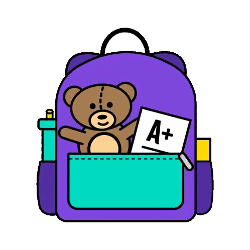 a purple backpack with a teddy bear and a a + in it