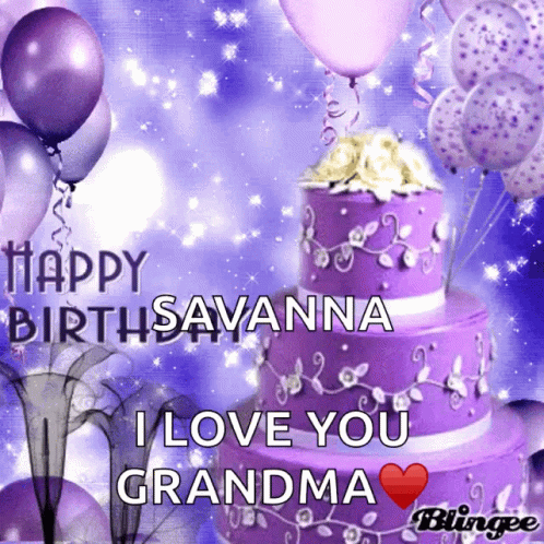 A Purple Birthday Cake With The Words Happy Birthsavannah I Love You Grandma On It GIF