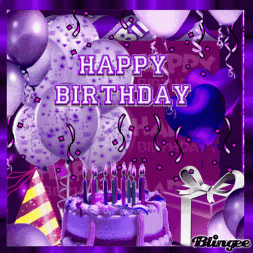 A Purple Birthday Card With A Cake And Balloons And The Words Happy Birthday GIF