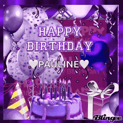 A Purple Birthday Card With A Cake And Balloons Says Happy Birthday Pauline GIF