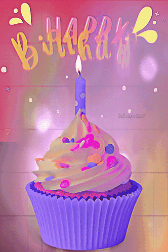 A Purple Birthday Cupcake With A Lit Candle On Top GIF