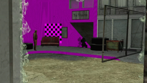 A Purple Building With A Sign That Says To Trains On It GIF