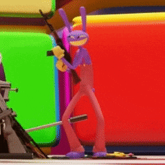 A Purple Bunny Holding A Gun In Front Of A Colorful Backdrop GIF