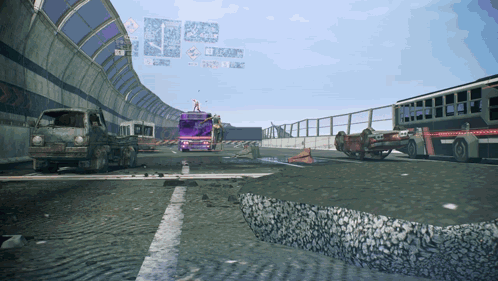 A Purple Bus Is Driving Down A Highway Next To A Gray Truck GIF