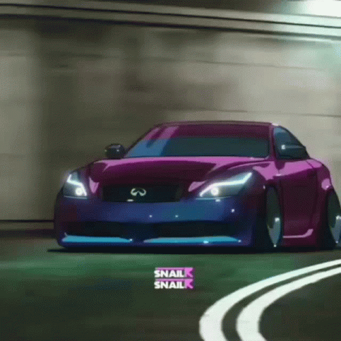 A Purple Car Is Driving Down A Road With A Sign That Says Snail On It GIF