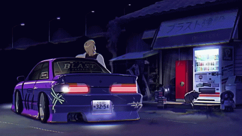 A Purple Car With The License Plate Number 32-54 GIF