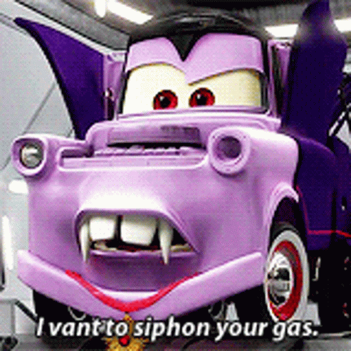 a purple cartoon car with vampire teeth is saying i want to siphon your gas