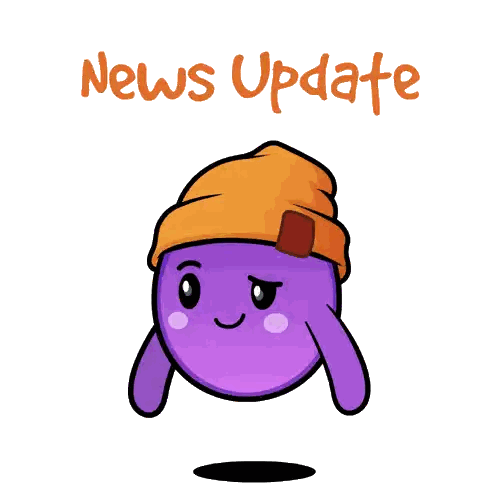 a purple cartoon character holding a cell phone with the words news update above him