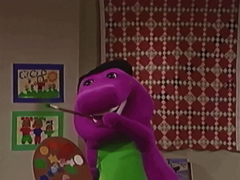 A Purple Cartoon Character Holding A Palette And A Rainbow GIF