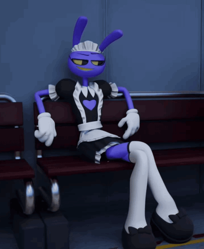 A Purple Cartoon Character In A Maid Outfit Sits On A Bench GIF