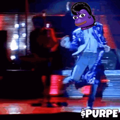 A Purple Cartoon Character Is Dancing On A Stage With The Word Purpe In The Lower Right Corner GIF